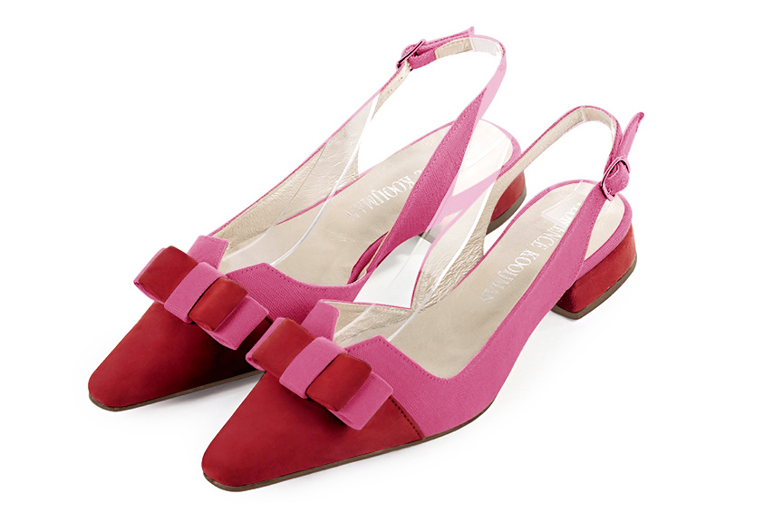 Women's cardinal red and hot pink elegant slingback heels, with a bow on the front. Tapered toe. Flat block heels - Front view